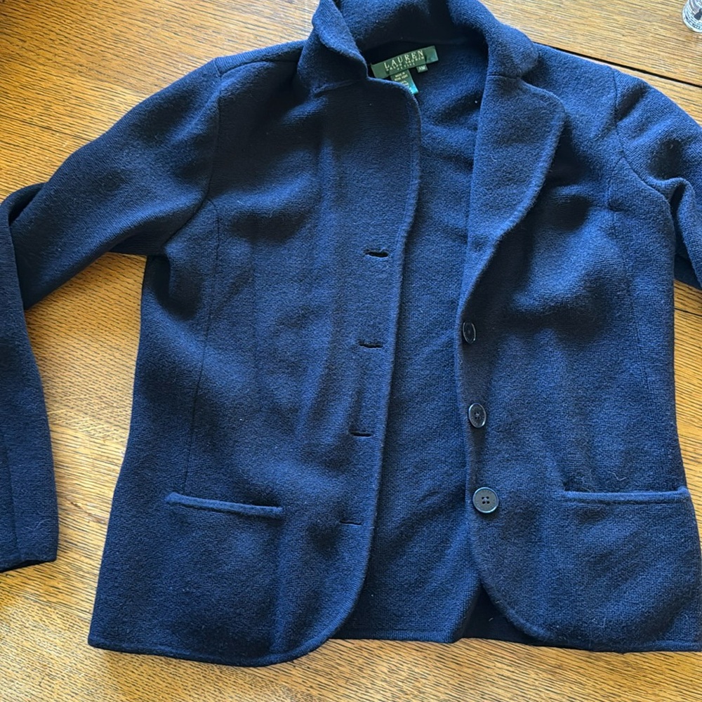 Ralph Lauren navy blue buttoned cardigan, petite medium, 100% Merino Wool